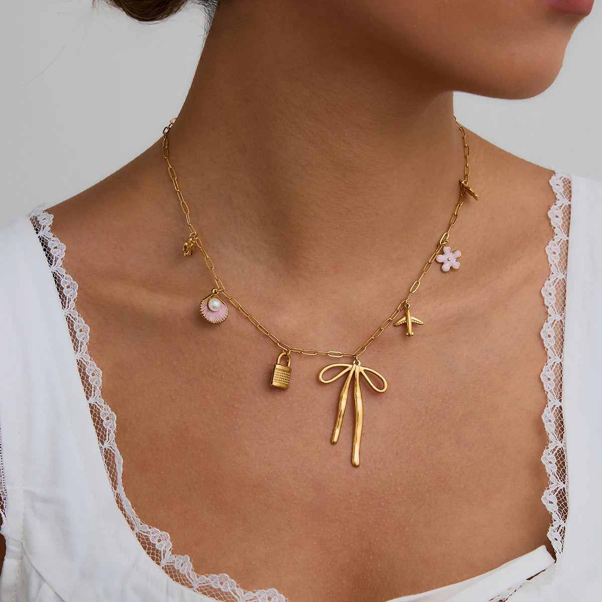 Golden Bow Charm Necklace